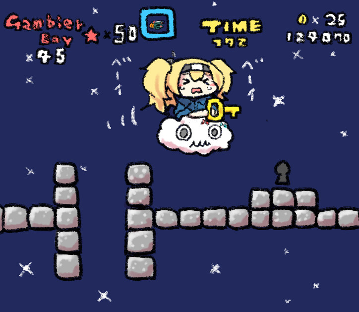 bean_sprout blonde_hair blue_shirt chibi closed_eyes commentary crying flying gambier_bay_(kantai_collection) hairband holding_key kantai_collection keyhole long_hair super_mario_bros. miss_cloud night night_sky nobuyoshi-zamurai open_mouth parody riding shirt sky super_mario_world twintails