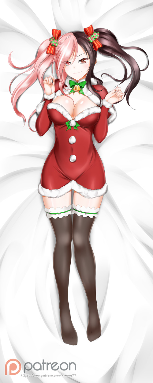 1girl alfred_cullado black_legwear breasts brown_eyes brown_hair capelet cleavage dakimakura fur-trimmed_capelet fur_trim heterochromia highres large_breasts lying multicolored_hair neck_bell neck_ribbon neo_(rwby) on_back patreon_logo pink_eyes pink_hair ribbon rwby smile solo thigh-highs thighs twintails watermark web_address