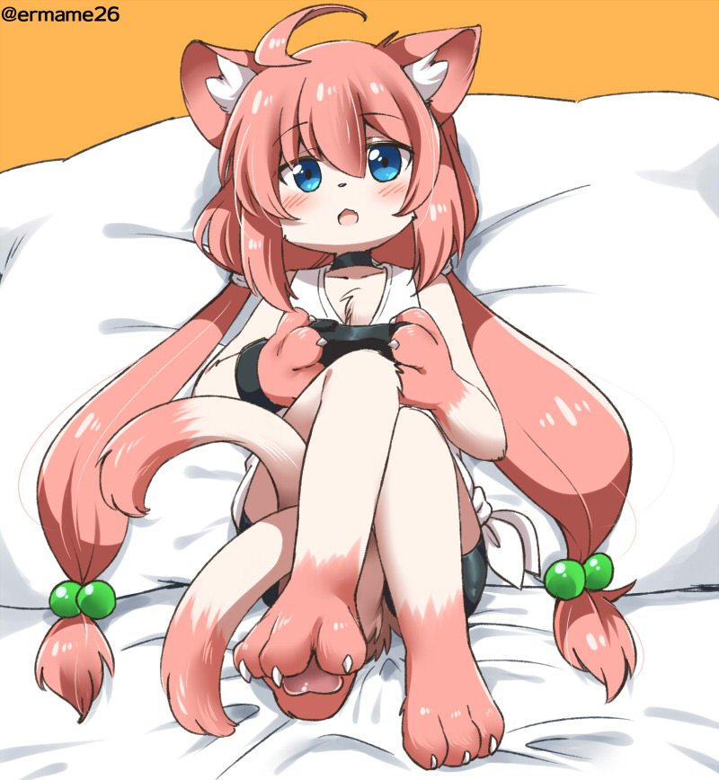 1girl ahoge animal_ears bangs bare_arms bare_legs bare_shoulders bed_sheet bike_shorts black_shorts blue_eyes blush cat cat_ears cat_girl cat_paws cat_tail claws collarbone controller eromame eyebrows eyebrows_visible_through_hair facing_viewer fewer_digits fur furrification furry hair_between_eyes hair_bobbles hair_ornament hinata_channel holding holding_controller legs_crossed long_hair looking_at_viewer low_twintails multiple_tails nekomiya_hinata open_mouth orange_background paws pillow pink_hair playing_games playstation_controller shirt shorts simple_background sitting solo tail tank_top tied_shirt twintails twitter_username two_tails very_long_hair virtual_youtuber white_shirt wristband