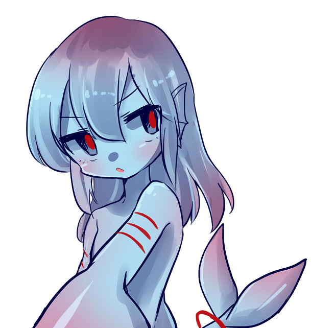 1girl animal_ears blue_eyes blue_hair blue_sclera blue_skin blush fins fish_girl_(kai_himo) gills gradient_hair head_fins head_tilt kai_himo looking_away monster_girl multicolored_hair nude original parted_lips pink_hair red_pupils simple_background solo tail upper_body white_background