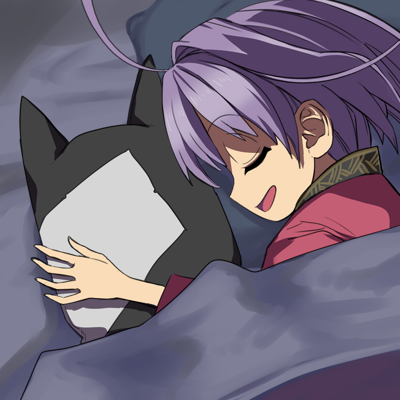 1girl ahoge blanket closed_eyes commentary_request debt eyebrows_visible_through_hair from_side holding holding_stuffed_animal indoors japanese_clothes kimono long_sleeves lying on_side open_mouth pillow profile purple_hair red_kimono shope short_hair sleeping smile solo stuffed_animal stuffed_cat stuffed_toy sukuna_shinmyoumaru touhou upper_body