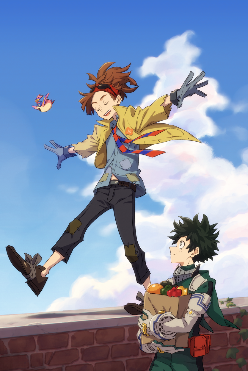 2boys akiyama_(noconoco) bag bell_pepper belt belt_pouch bird black_pants blue_gloves blue_necktie blue_shirt blue_sky boku_no_hero_academia brick_wall brown_belt brown_footwear brown_hair closed_eyes closed_mouth clouds collared_shirt commentary_request day elbow_gloves eyewear_on_head food freckles gloves green_eyes green_gloves green_hair green_jacket green_jumpsuit groceries hairband high_ponytail highres holding holding_bag jacket jumpsuit long_hair long_sleeves looking_at_another male_focus midoriya_izuku multiple_boys necktie open_clothes open_jacket open_mouth outdoors outstretched_arms pants paper_bag patchwork_clothes pino_(boku_no_hero_academia) plant ponytail pouch profile red_hairband red_necktie rody_soul shirt shoes sky smile spread_arms striped striped_necktie sunglasses teeth two-tone_gloves upper_teeth_only vines walking white_gloves wing_collar
