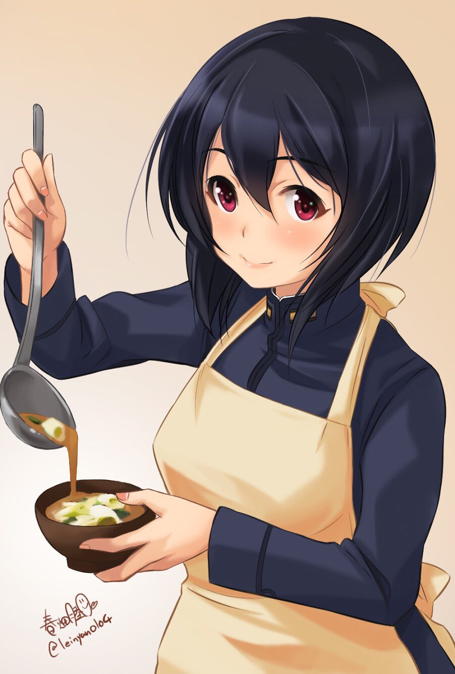 1girl apron artist_name bangs blue_hair blue_jacket bowl brave_witches closed_mouth eyebrows_visible_through_hair food gradient gradient_background haruhata_mutsuki highres holding holding_food jacket ladle looking_at_viewer military military_uniform pouring shimohara_sadako short_hair signature smile solo soup standing uniform upper_body violet_eyes world_witches_series yellow_apron