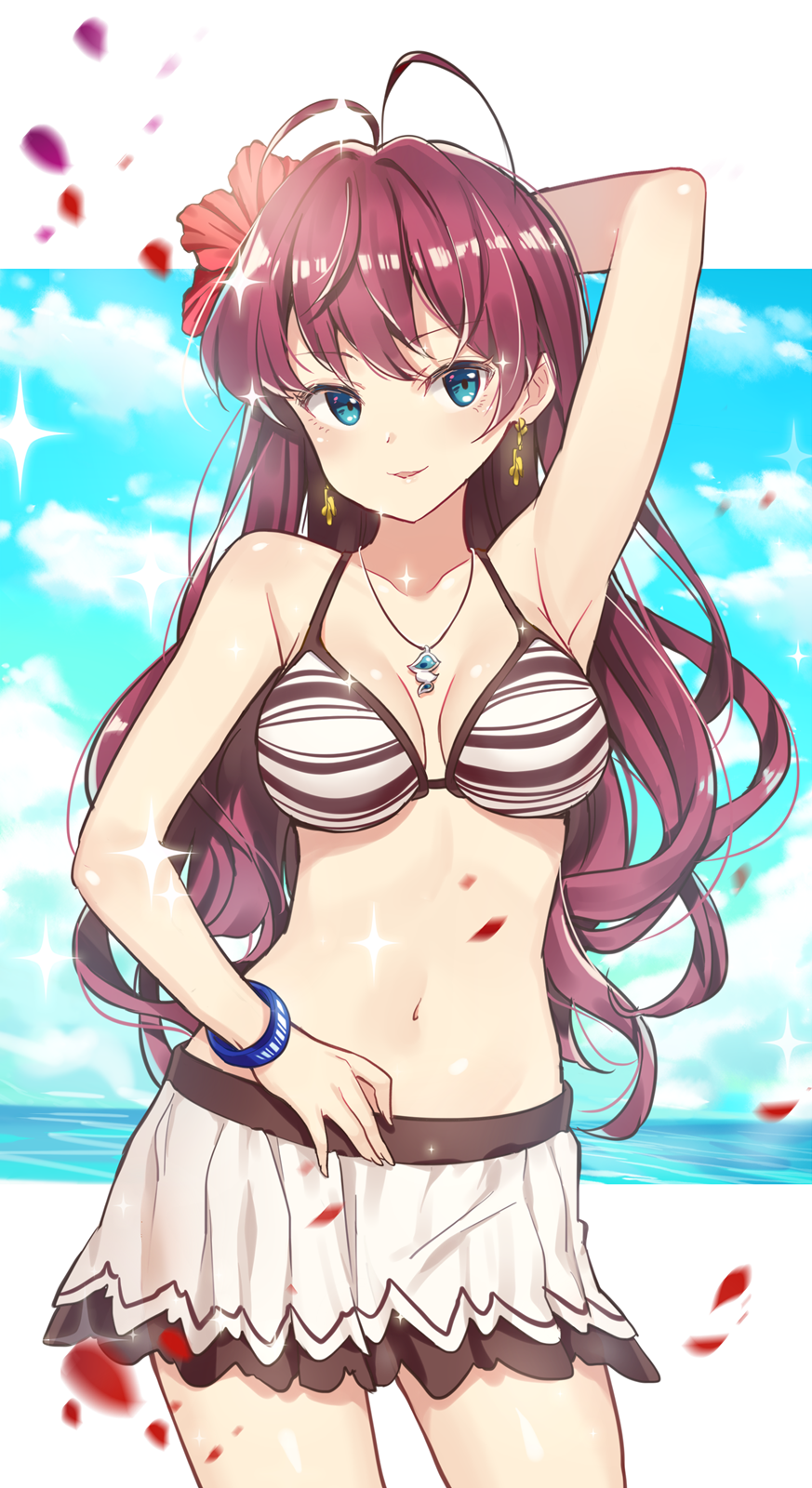 1girl bangs blue_eyes blue_sky blush breasts breasts_apart clouds cloudy_sky commentary_request cowboy_shot day earrings eyebrows_visible_through_hair fingernails flower goyain hair_flower hair_ornament head_tilt highres horizon ichinose_shiki idolmaster idolmaster_cinderella_girls jewelry long_hair looking_at_viewer medium_breasts motion_lines navel ocean outdoors parted_lips petals pleated_skirt purple_hair red_flower skirt sky smile solo striped striped_bikini_top very_long_hair water white_skirt