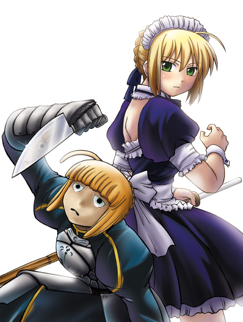 2girls ahoge armor artist_request artoria_pendragon_(all) back-to-back blonde_hair blush fate/stay_night fate_(series) green_eyes katana knife looking_at_another maid maid_apron maid_dress ribbon saber sader simple_background weapon