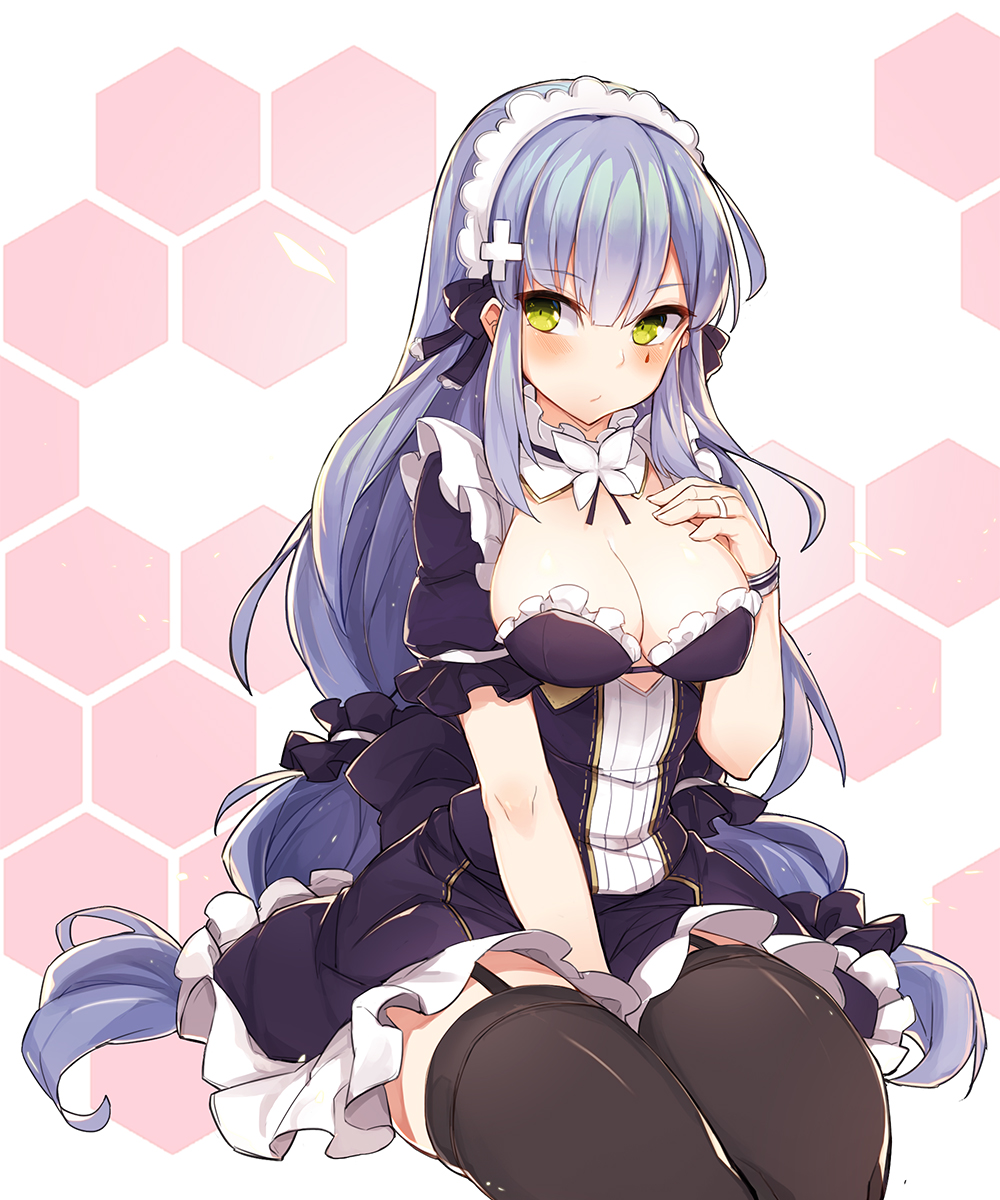 1girl alternate_costume bangs between_legs black_legwear blunt_bangs blush breasts cleavage closed_mouth dress enmaided eyebrows_visible_through_hair facepaint frilled_dress frilled_sleeves frills garter_straps girls_frontline green_eyes hair_ornament hand_between_legs hand_on_own_chest highres hk416_(girls_frontline) jewelry long_hair looking_at_viewer low_twintails maid maid_headdress medium_breasts mou_tama_maru ring scrunchie short_sleeves sidelocks silver_hair sitting skindentation solo teardrop thigh-highs thighs twintails wedding_band