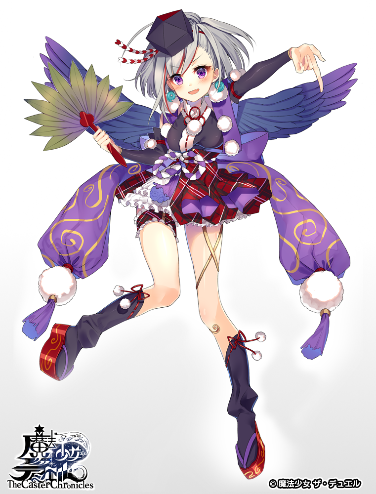 1girl :d arm_up black_hat black_legwear blue_wings blush bow breasts chano_hinano character_request commentary_request copyright_name detached_sleeves earrings fang feathered_wings gradient gradient_background grey_background hand_up hat head_tilt holding jewelry kneehighs leaf_fan long_sleeves looking_at_viewer magatama magatama_earrings medium_breasts official_art open_mouth outstretched_arm plaid plaid_skirt purple_bow red_footwear red_skirt ribbon-trimmed_clothes ribbon-trimmed_legwear ribbon_trim silver_hair skirt smile solo standing standing_on_one_leg tengu the_caster_chronicles tokin_hat violet_eyes white_background wings zouri
