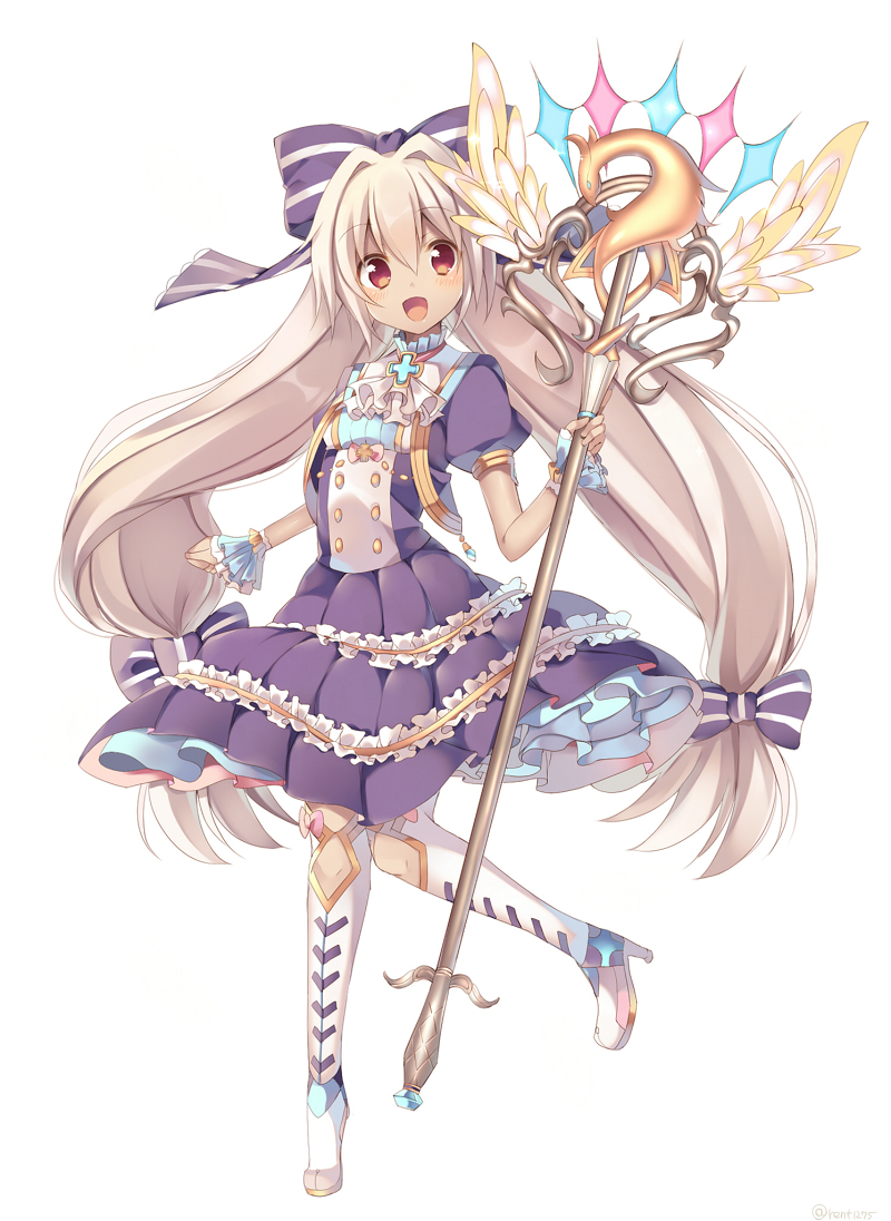 bird boots bow copyright_request dress holding holding_staff long_hair looking_at_viewer open_mouth phoenix purple_bow purple_dress red_eyes rento_(rukeai) short_sleeves smile staff tan white_footwear white_hair