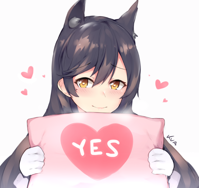 1girl animal_ears atago_(azur_lane) azur_lane black_hair blush breath brown_eyes closed_mouth eyebrows_visible_through_hair gloves hair_between_eyes kuavera long_hair looking_at_viewer mole mole_under_eye signature smile solo white_gloves yes yes-no_pillow