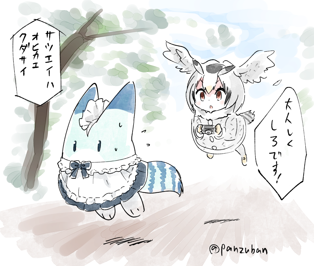 1girl alternate_costume bird_tail black_hair camera chasing commentary enmaided flying gloves head_wings kemono_friends lucky_beast_(kemono_friends) maid maid_headdress multicolored_hair northern_white-faced_owl_(kemono_friends) panzuban translation_request two-tone_hair white_gloves