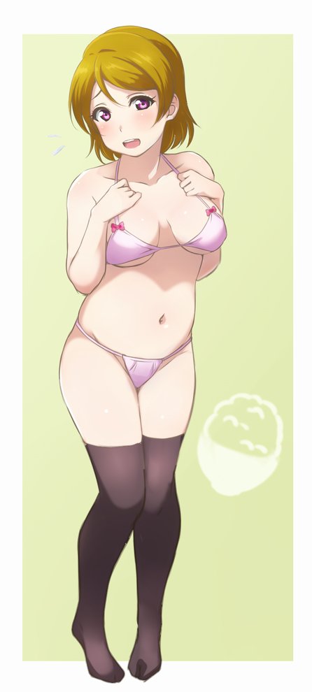 1girl bikini black_legwear blush breasts brown_hair clenched_hands collarbone commentary_request full_body green_background hands_on_own_chest koizumi_hanayo looking_at_viewer love_live! love_live!_school_idol_project medium_breasts midriff navel no_shoes open_mouth pigeon-toed pink_bikini rice_bowl short_hair simple_background solo standing swimsuit thigh-highs turkey_min violet_eyes