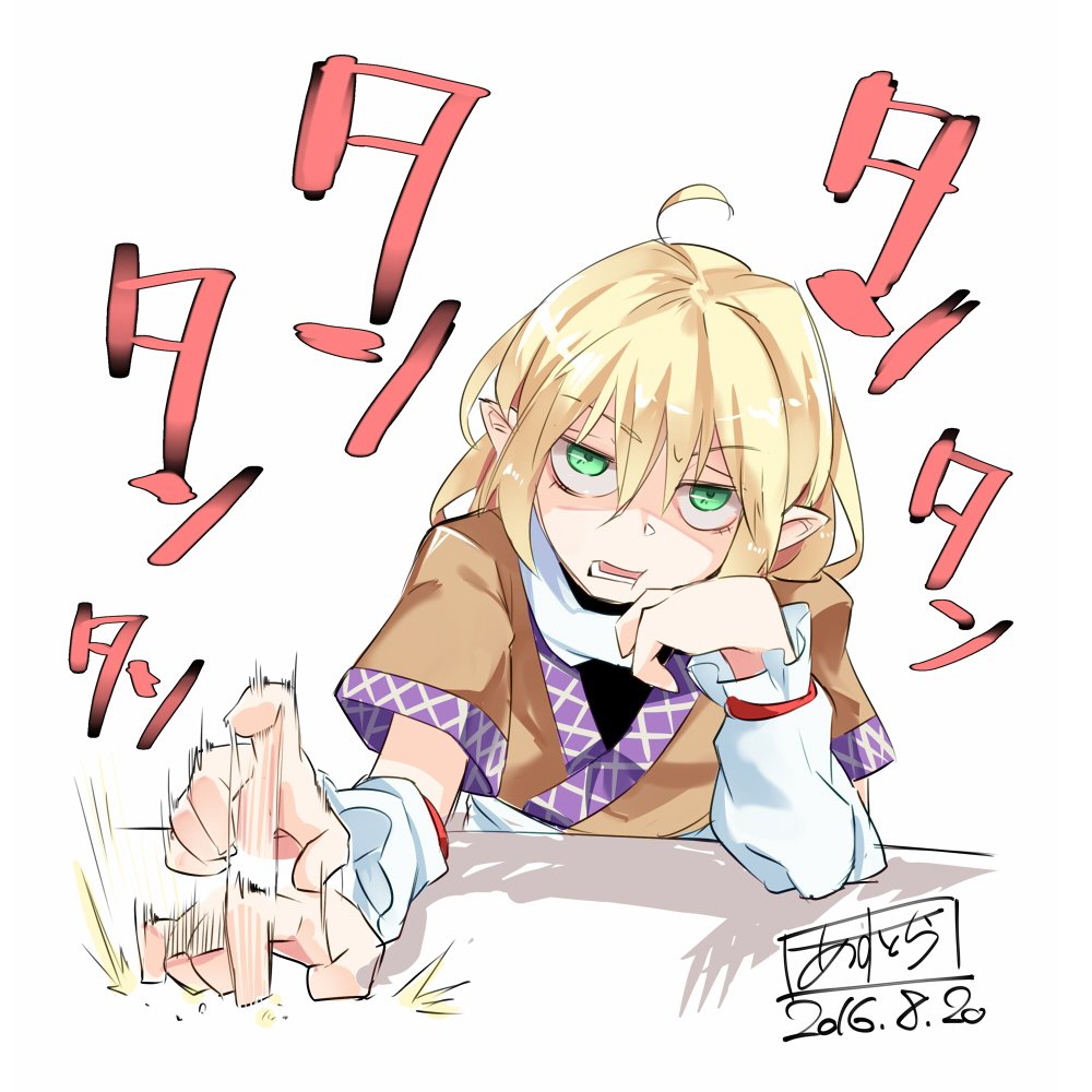 1girl afterimage ahoge annoyed asutora blonde_hair chin_rest commentary_request copyright_request detached_sleeves elbows_on_table green_eyes hair_between_eyes long_hair looking_at_viewer mizuhashi_parsee pointy_ears sash shaded_face short_sleeves signature simple_background solo tapping touhou white_background