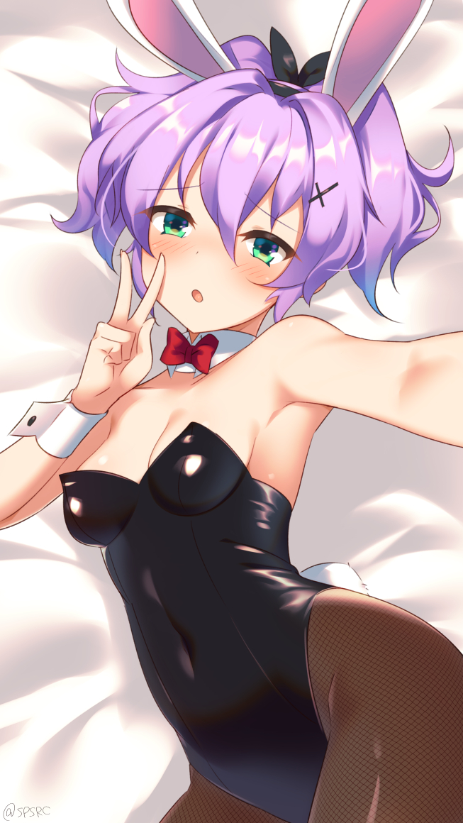 1girl animal_ears azur_lane bed_sheet black_bow black_leotard blush bow bowtie breasts brown_legwear bunny_tail bunnysuit covered_navel eyebrows_visible_through_hair fishnet_pantyhose fishnets foreshortening hair_bow hair_ornament hairband hand_up javelin_(azur_lane) leotard looking_at_viewer lying on_back pantyhose parted_lips purple_hair rabbit_ears red_neckwear self_shot small_breasts solo tail takashiru two_side_up w wrist_cuffs x_hair_ornament