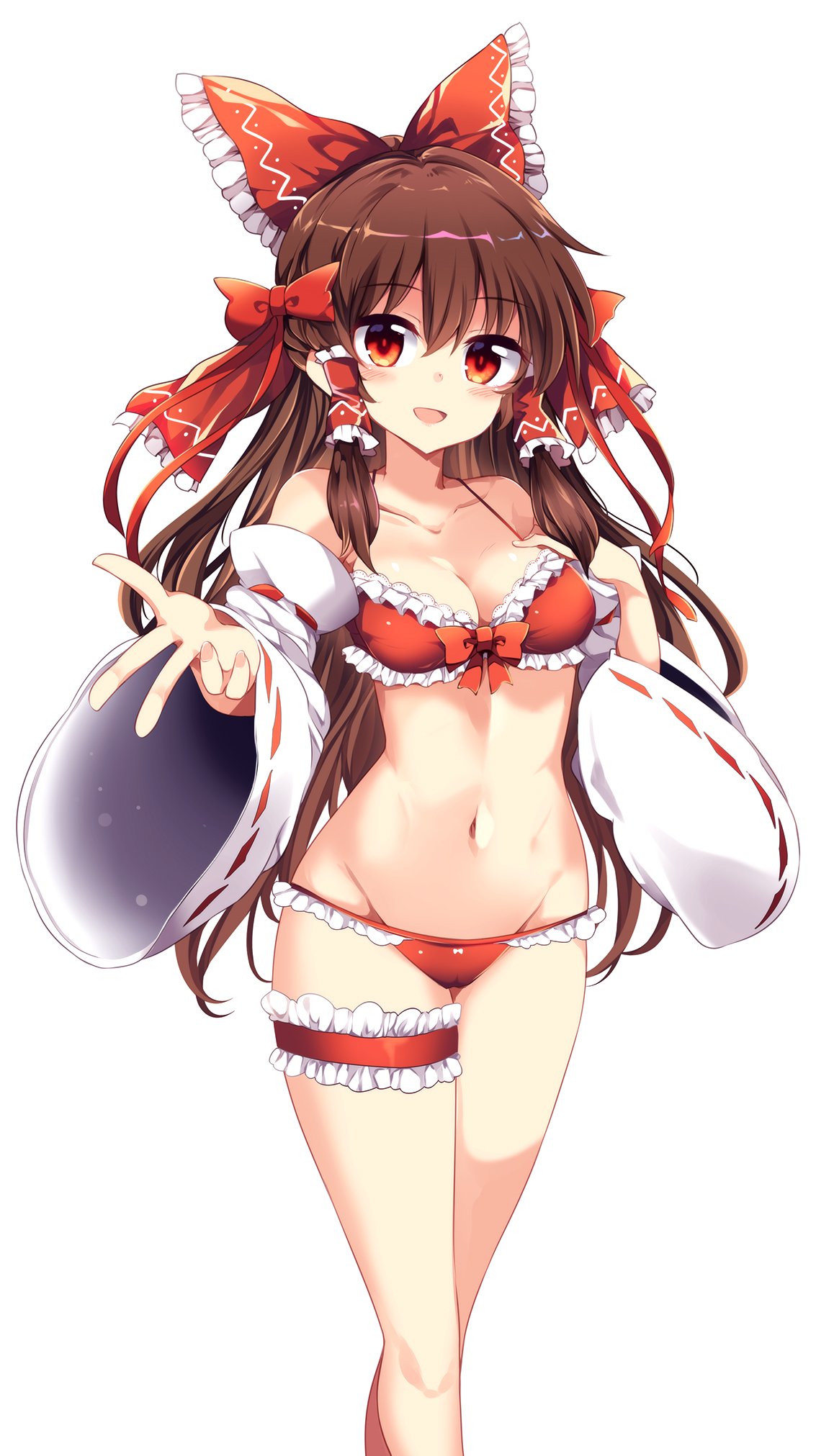 1girl bare_shoulders bikini blush bow breasts brown_hair cleavage collarbone commentary_request detached_sleeves eyebrows_visible_through_hair feet_out_of_frame frilled_bikini frilled_bow frills groin hair_bow hair_tubes hakurei_reimu halterneck highres leg_garter long_hair long_sleeves looking_at_viewer maturiuta_sorato medium_breasts navel open_mouth red_bikini red_bow red_eyes sidelocks simple_background smile solo standing stomach swimsuit touhou very_long_hair white_background wide_sleeves