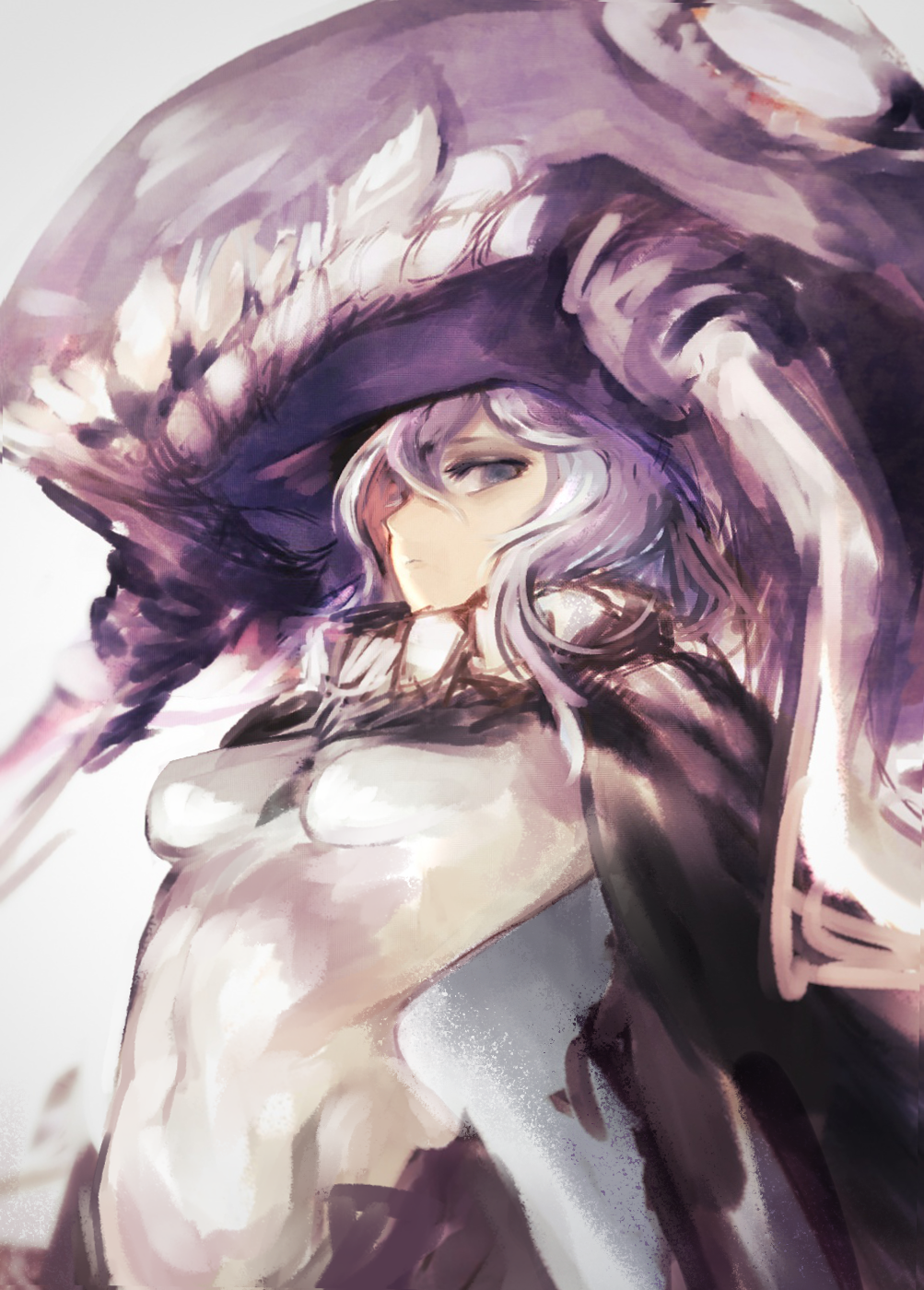 1girl black_cape blue_eyes bodysuit breasts cape closed_mouth covered_navel grey_background grey_hair hair_between_eyes headgear highres hometa kantai_collection long_hair looking_at_viewer skin_tight small_breasts solo upper_body wo-class_aircraft_carrier