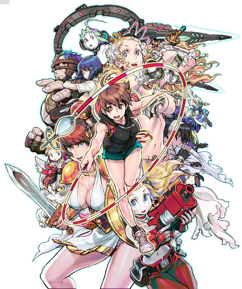 2boys 6+girls ali-baba armor bikini_armor blade_strangers breasts cleavage code_of_princess crossover curly_brace doukutsu_monogatari emiko_(umihara_kawase) fishing_hook fishing_line hair_ornament hairclip helen_(blade_strangers) helga_wilhelmina lina_(blade_strangers) liongate master_t_drakkhen medium_breasts multiple_boys multiple_crossover multiple_girls nishimura_kinu official_art solange_blanchefleur_de_luxe sword tagme umihara_kawase umihara_kawase_(character) weapon yokoyama_noko