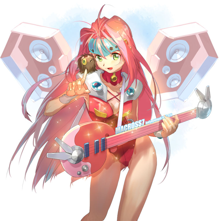 1girl alien bare_legs bass_guitar breasts collar forehead_protector green_eyes guvava holy_pumpkin instrument leotard logo long_hair macross macross_7 mylene_jenius one_eye_closed pet pink_hair red_leotard shoulder_pads small_breasts sparkle speaker wristband