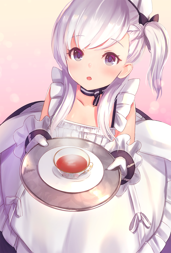 1girl apron azur_lane belfast_(azur_lane) braid chains chestnut_mouth collar commentary_request corset cup dolce_(dolsuke) eyebrows_visible_through_hair french_braid frilled_apron frilled_gloves frills gloves holding holding_tray looking_at_viewer maid maid_apron maid_headdress plate silver_hair teacup tray white_apron white_gloves younger