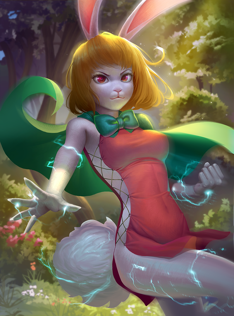 1girl animal_ears blonde_hair bow breasts bunny_tail cape carrot_(one_piece) clenched_hand dress electricity forest furry green_bow medium_breasts monster_girl nature one_piece powering_up rabbit_ears rabbit_girl red_dress short_dress short_hair side_slit snout solo tail yunxuan_fu