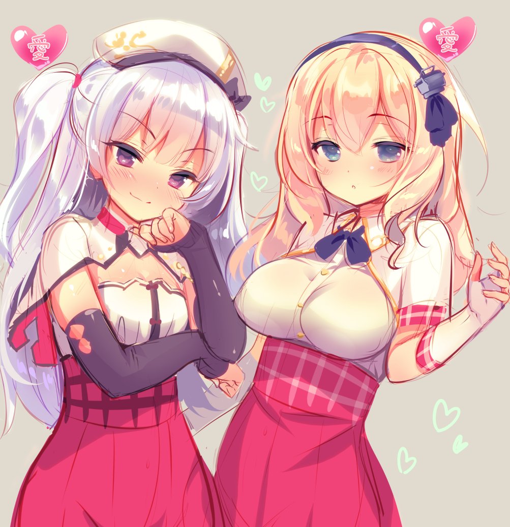 2girls :o ajax_(azur_lane) azur_lane bangs beret black_bow black_hairband blonde_hair blue_eyes blush bow breasts closed_mouth commentary_request detached_sleeves dress_shirt elbow_gloves eyebrows_visible_through_hair fingerless_gloves gloves grey_background hair_between_eyes hairband hat head_tilt heart leander_(azur_lane) long_hair long_sleeves multiple_girls one_side_up parted_lips pink_skirt piyodera_mucha shirt short_sleeves silver_hair skirt small_breasts smile very_long_hair violet_eyes white_gloves white_hat white_shirt