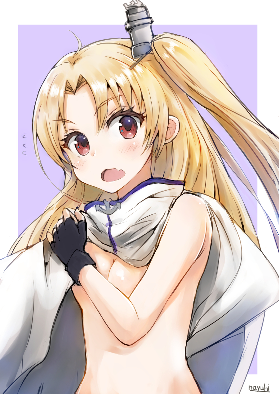 1girl azur_lane bangs bare_shoulders blonde_hair blush breasts cape cleavage cleveland_(azur_lane) commentary_request eyebrows_visible_through_hair fang flying_sweatdrops hair_ornament head_tilt highres long_hair looking_at_viewer naked_cape nayuhi_(yukimuu14) one_side_up open_mouth parted_bangs purple_background red_eyes signature small_breasts solo two-tone_background v-shaped_eyebrows very_long_hair white_background white_cape
