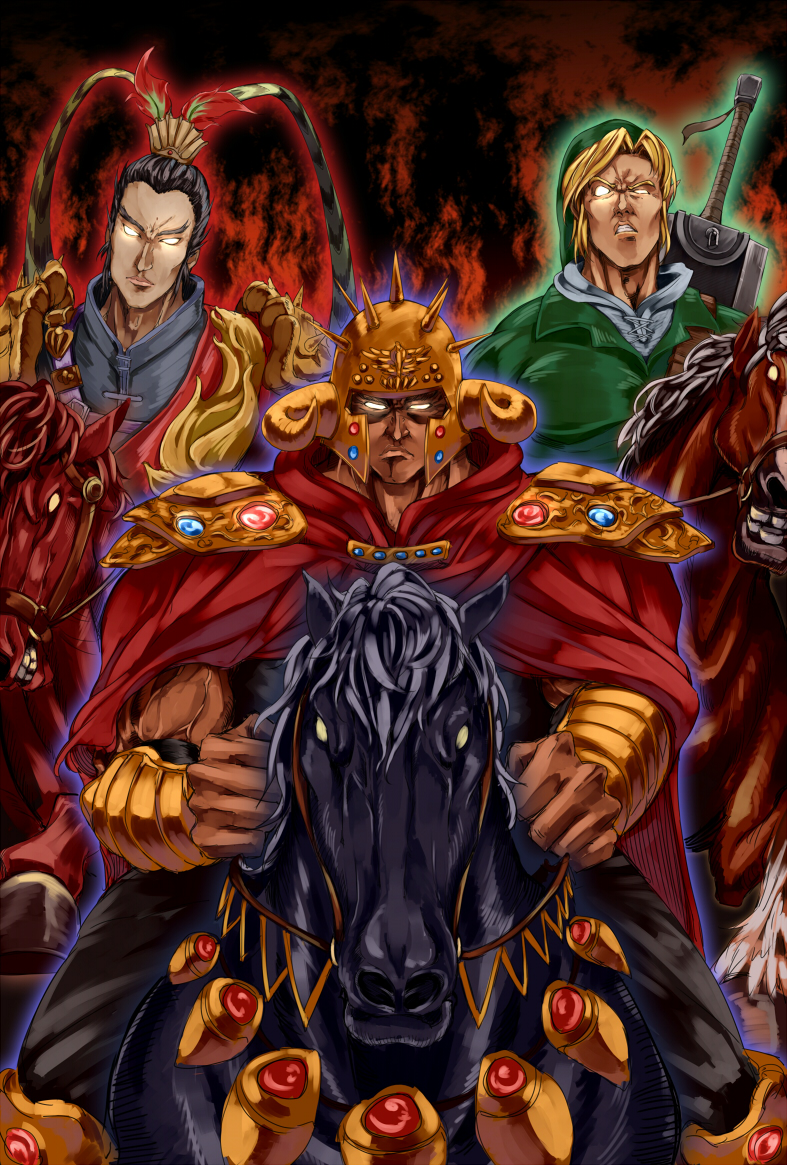 3boys asutora aura black_pants blonde_hair bracelet cape closed_mouth commentary_request crossover crown frown gem glowing glowing_eyes green_hat hat helmet horned_helmet horse horseback_riding jewelry kokuou-gou link looking_at_viewer lu_bu male_focus multiple_boys muscle necklace no_pupils pants raou_(hokuto_no_ken) red_cape riding shin_sangoku_musou spikes sword vest weapon weapon_on_back when_you_see_it
