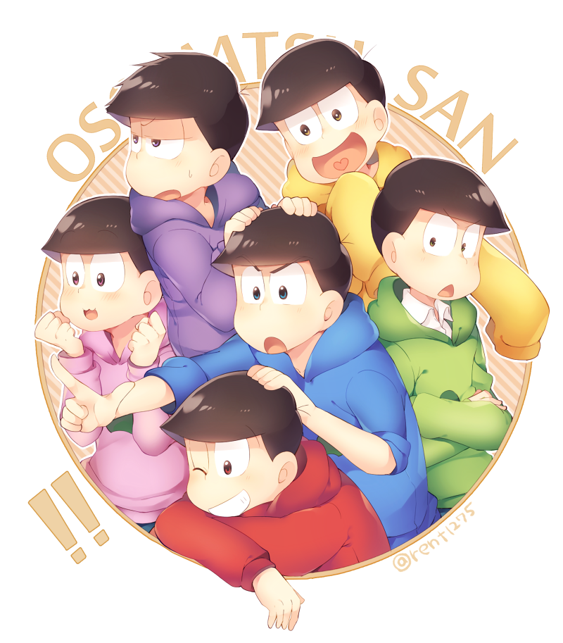 !! 6+boys :3 angry blue_eyes blue_hoodie brown_hair clenched_hands crossed_arms diagonal-striped_background diagonal_stripes green_eyes green_hoodie hand_on_another's_head heart heart_in_mouth matsuno_choromatsu matsuno_ichimatsu matsuno_juushimatsu matsuno_karamatsu matsuno_osomatsu matsuno_todomatsu multiple_boys one_eye_closed open_mouth osomatsu-san pink_eyes pink_hoodie pointing purple_hoodie red_eyes red_hoodie rento_(rukeai) sleeves_rolled_up smile striped striped_background sweatdrop title violet_eyes yellow_hoodie yellow_pupils