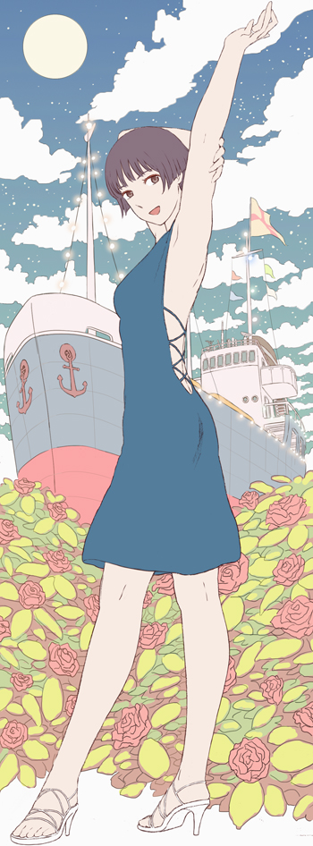 1girl arms_up backless_outfit brown_eyes brown_hair flower gake_no_ue_no_ponyo jas moon risa_(ponyo) ship short_hair sky solo star_(sky) starry_sky studio_ghibli watercraft