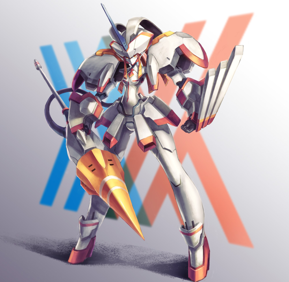 breasts clenched_hand commentary_request darling_in_the_franxx holding holding_spear holding_weapon humanoid_robot looking_at_viewer mecha medium_breasts no_humans noruka-soruka polearm spear standing strelizia weapon