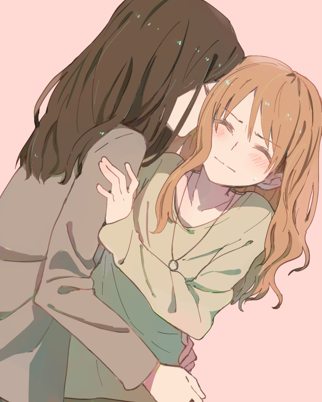 2girls blush breasts brown_hair closed_eyes commentary_request hug jewelry kiss long_hair long_sleeves multiple_girls necklace original sou_(tuhut) yuri
