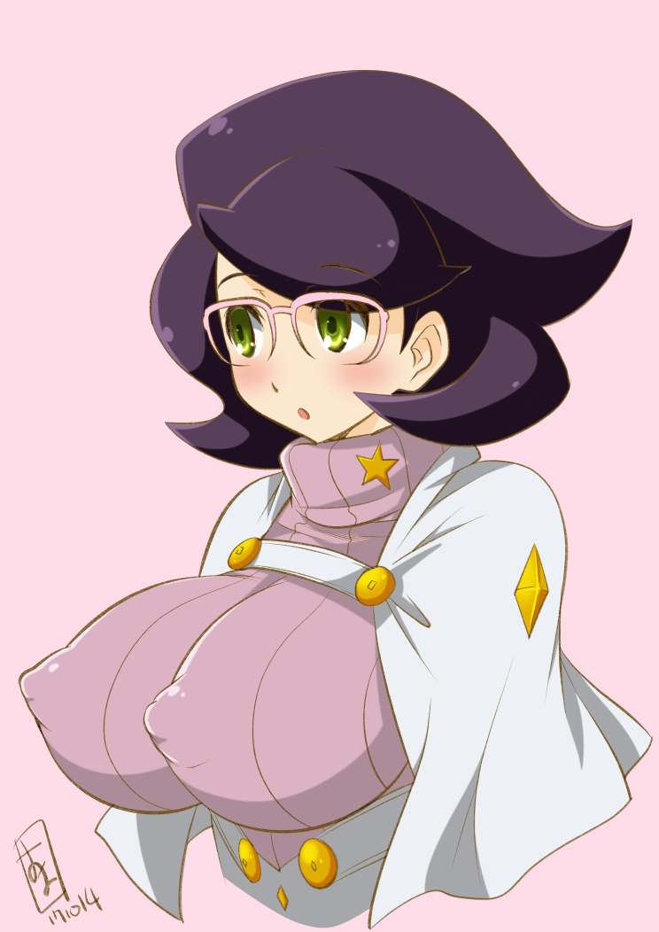 1girl :o bangs big_hair blush breasts capelet covered_nipples eyebrows_visible_through_hair glasses green_eyes kamirenjaku_sanpei large_breasts pink-framed_eyewear pink_background pokemon pokemon_(game) pokemon_sm purple_hair purple_sweater ribbed_sweater solo sweater turtleneck turtleneck_sweater upper_body wicke_(pokemon)