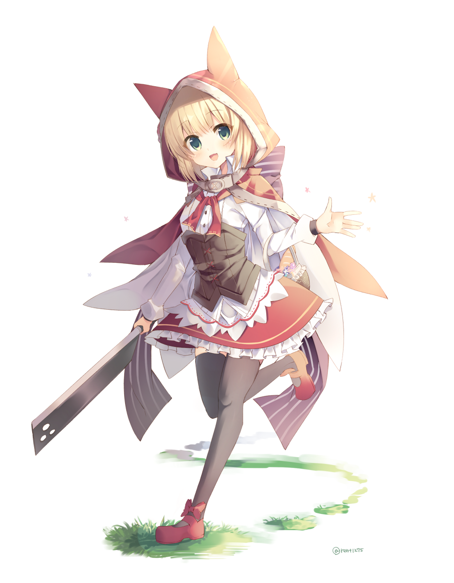 1girl animal_ears black_legwear blonde_hair bow cat_ears cleaver dress green_eyes grimm's_fairy_tales grimms_notes holding holding_weapon hood little_red_riding_hood little_red_riding_hood_(grimm) little_red_riding_hood_(grimms_notes) long_sleeves looking_at_viewer open_mouth red_bow red_dress red_hood rento_(rukeai) running shirt short_hair smile solo star thigh-highs weapon white_shirt