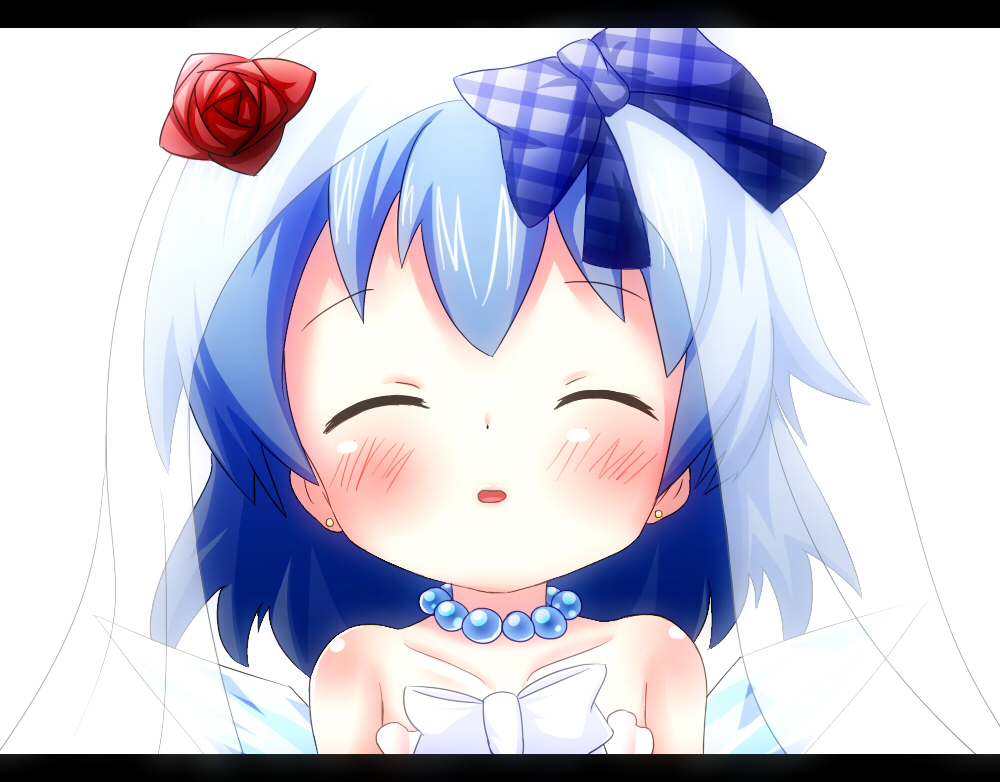 1girl bare_shoulders blue_bow blue_hair blush bow bridal_veil cirno closed_eyes collarbone commentary_request dress earrings facing_viewer flower hair_bow ice ice_wings jewelry letterboxed long_hair makuran necklace parted_lips pearl_necklace plaid plaid_bow red_flower red_rose rose see-through shiny shiny_skin simple_background solo strapless strapless_dress stud_earrings touhou veil waiting_for_kiss white_background white_bow wings