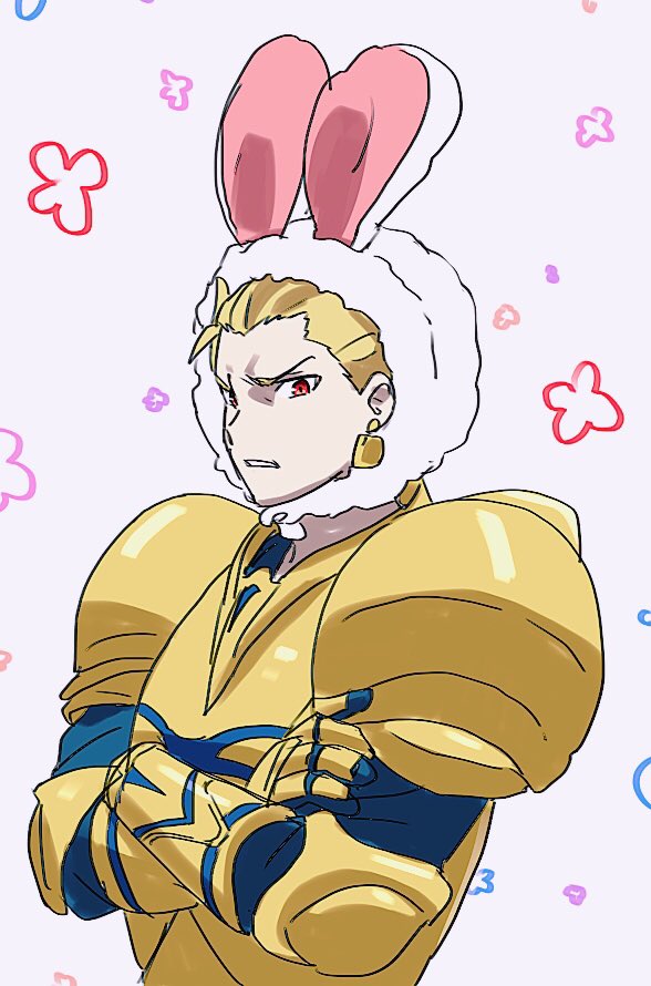1boy animal_ears armor blonde_hair clenched_teeth commentary_request crossed_arms earrings fate/stay_night fate_(series) gauntlets gilgamesh jewelry lock_earrings male_focus mi_(pic52pic) pauldrons rabbit_ears red_eyes solo teeth upper_body