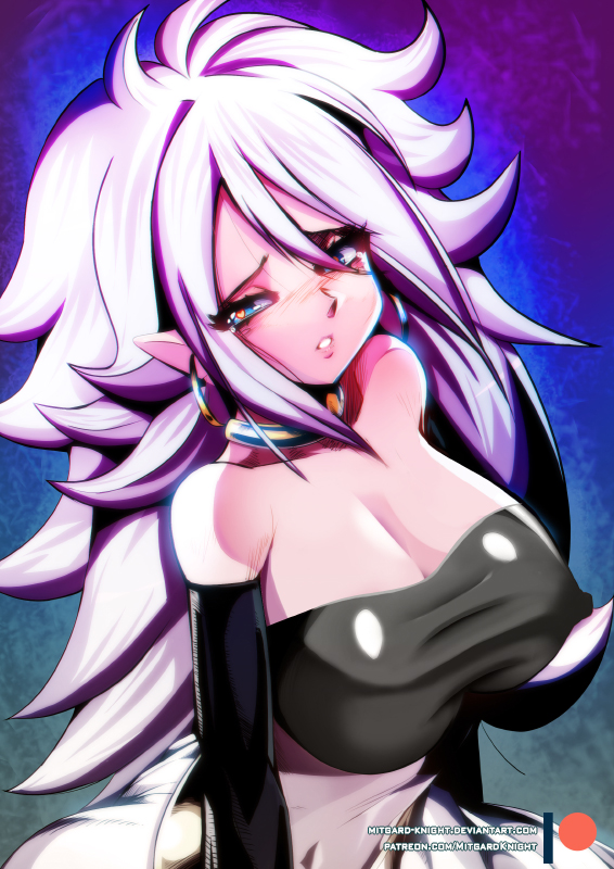 1girl android_21 blue_eyes blush breasts cleavage covered_nipples cowboy_shot dragon_ball dragon_ball_fighterz earrings elbow_gloves full-face_blush gloves heart heart-shaped_pupils jewelry large_breasts long_hair looking_at_viewer majin_android_21 mitgard navel patreon pink_skin pointy_ears shirt sidelocks solo symbol-shaped_pupils