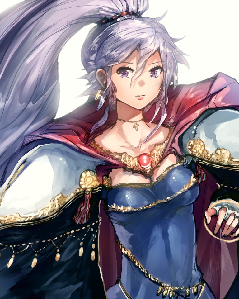 1girl anonamos blue_dress breasts cape cleavage collarbone cross cross_necklace dress earrings fingerless_gloves fire_emblem fire_emblem:_seisen_no_keifu fire_emblem_heroes gem gloves high_ponytail ishtar_(fire_emblem) jewelry medium_breasts necklace ponytail purple_hair upper_body violet_eyes