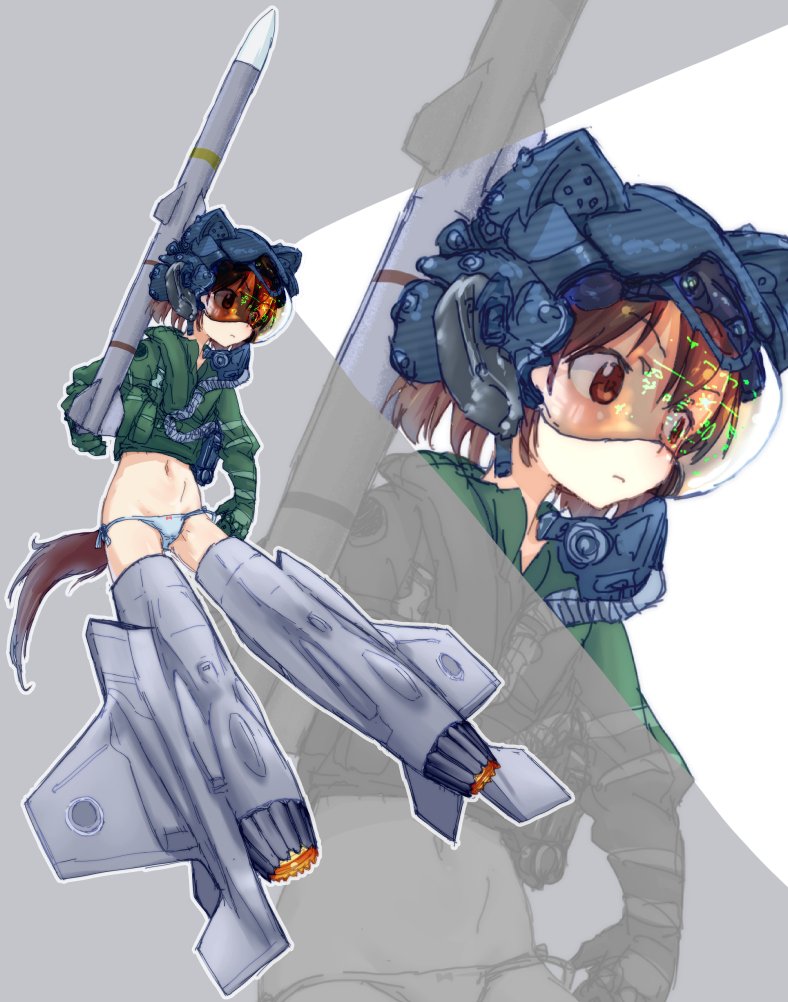 1girl animal_hat blue_hat blue_panties bow bow_panties brown_eyes brown_hair cat_hat commentary contemporary crop_top dog_tail green_jacket hat helmet holding jacket long_sleeves missile monolith_(suibou_souko) navel original panties side-tie_panties solo striker_unit tail underwear visor world_witches_series zoom_layer