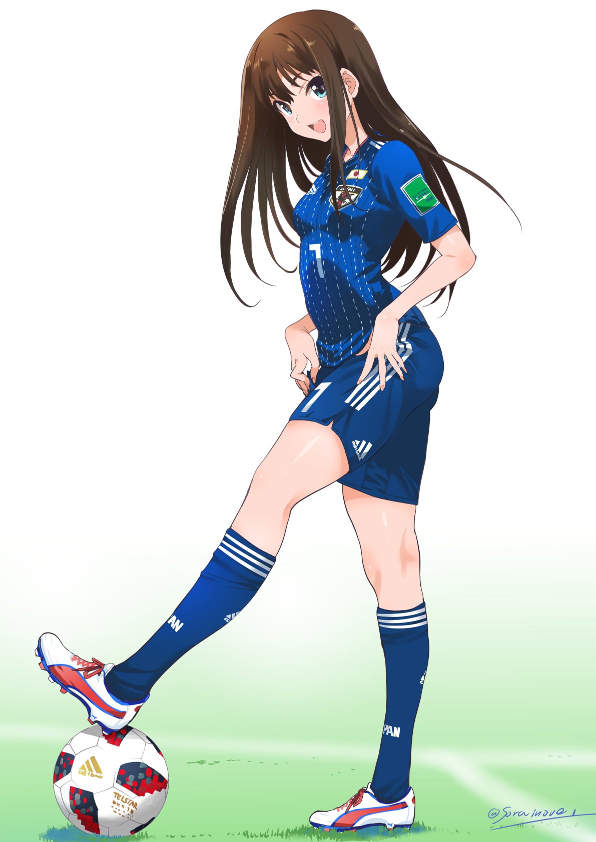 1girl 2018_fifa_world_cup adidas ball brown_hair cleats grass green_eyes highres idolmaster idolmaster_cinderella_girls idolmaster_cinderella_girls_starlight_stage inoue_sora japanese_flag long_hair looking_at_viewer open_mouth shibuya_rin shorts soccer_ball soccer_uniform socks solo sportswear twitter_username world_cup