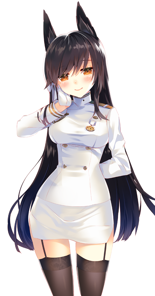 1girl animal_ears arikawa_satoru atago_(azur_lane) azur_lane bangs black_hair blush bow breasts closed_mouth commentary_request cowboy_shot eyebrows_visible_through_hair garter_straps gloves hair_between_eyes hand_on_own_cheek highres large_breasts long_hair long_sleeves looking_at_viewer medal military military_uniform mole mole_under_eye pencil_skirt ribbon simple_background skirt solo uniform white_bow white_gloves white_ribbon white_skirt yellow_eyes