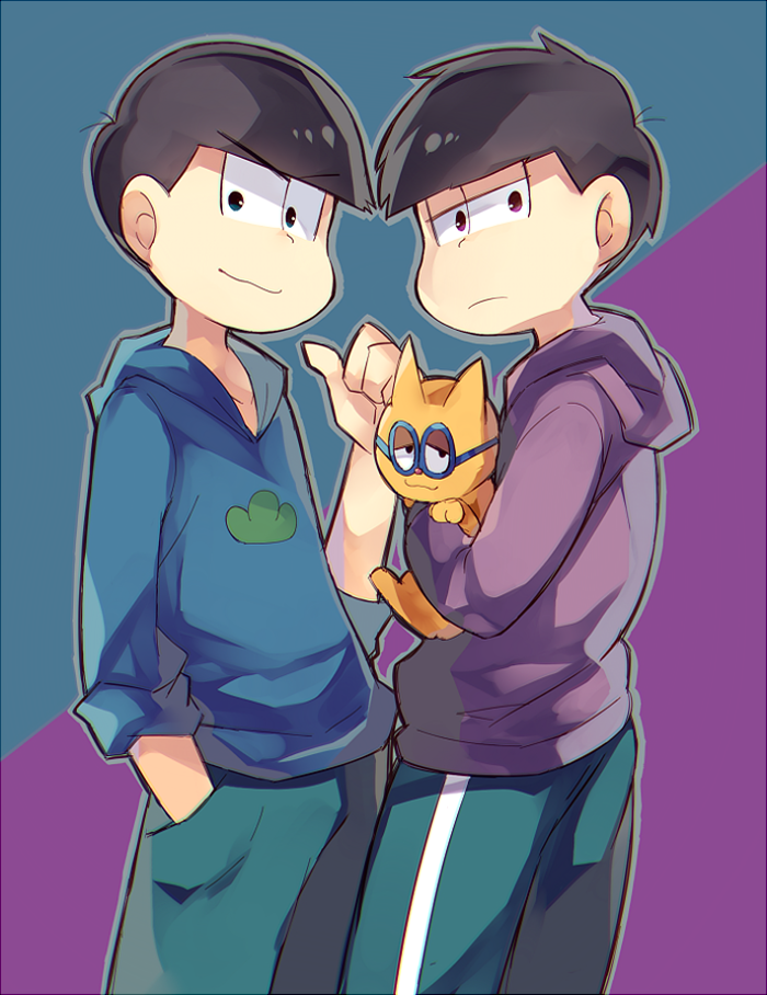 2boys black_hair blue_background blue_eyes blue_hoodie cat esper_nyanko glasses hand_in_pocket holding holding_cat looking_at_viewer matsuno_ichimatsu matsuno_karamatsu multicolored multicolored_background multiple_boys osomatsu-san pants pointing pointing_at_self purple_background purple_hoodie rento_(rukeai) smile violet_eyes