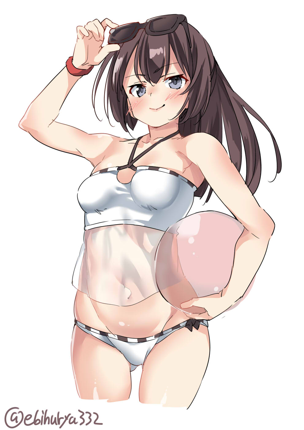 1girl akizuki_(kantai_collection) ball beachball black_hair blue_eyes blush breasts closed_mouth collarbone ebifurya eyebrows_visible_through_hair eyewear_on_head glasses groin highres kantai_collection long_hair looking_at_viewer navel open_mouth panties ponytail small_breasts smile solo sunglasses swimsuit twitter_username underwear underwear_only white_panties white_swimsuit