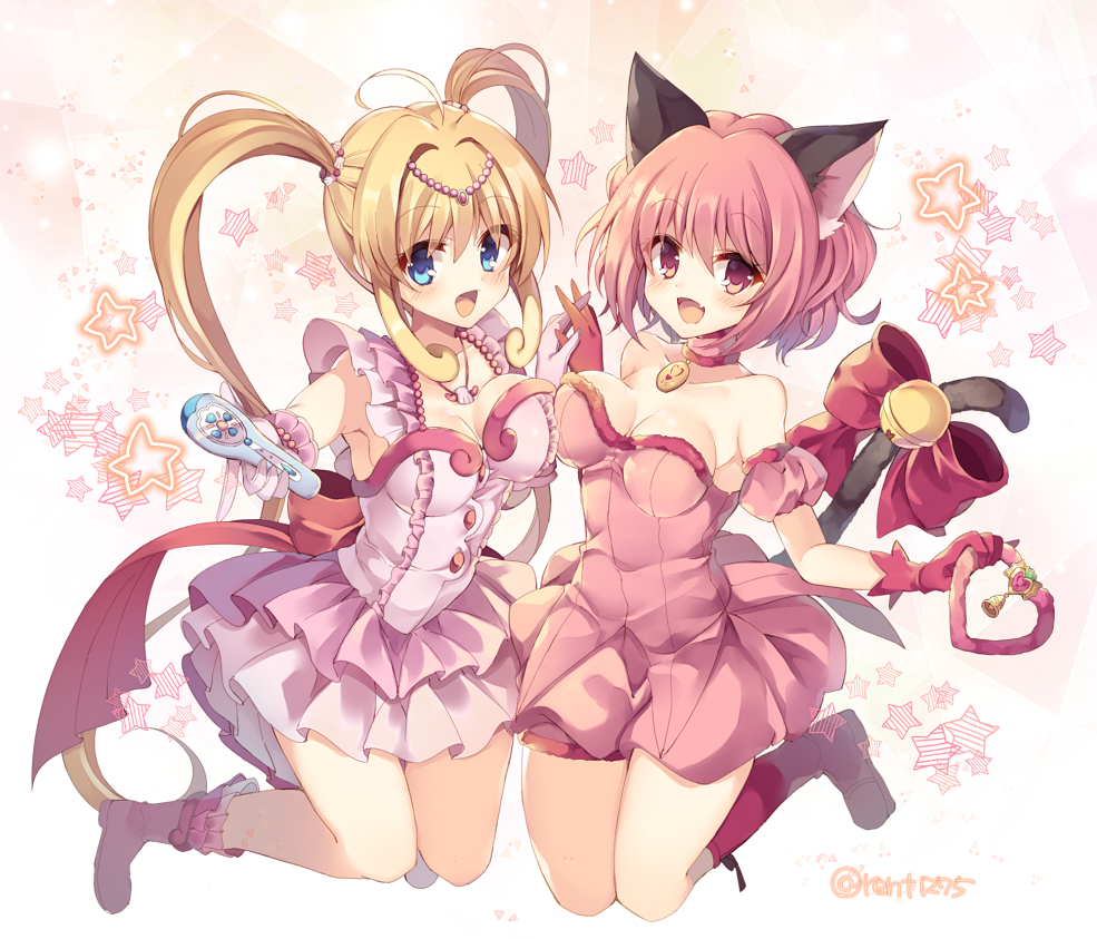 2girls animal_ears bare_shoulders blonde_hair blue_eyes bow cat_ears cat_tail choker commentary crossover dress fang gloves hair_intakes hand_holding holding holding_wand jumping looking_at_viewer magical_girl mermaid_melody_pichi_pichi_pitch mew_ichigo momomiya_ichigo multiple_girls nanami_lucia open_mouth pink_bow pink_dress pink_eyes pink_footwear pink_gloves pink_hair pointing pointing_at_viewer red_bow red_gloves rento_(rukeai) short_hair smile tail tokyo_mew_mew twintails wand