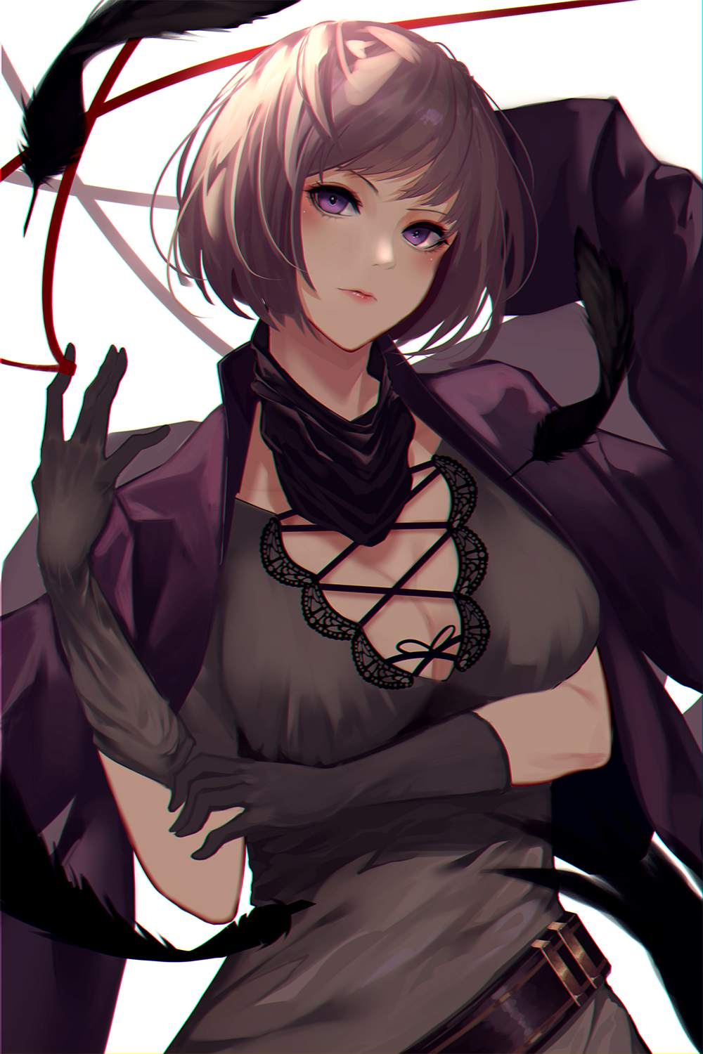 1girl \||/ bangs belt blazer blazer_on_shoulders blush bob_cut breasts chromatic_aberration cleavage closed_mouth collarbone commentary_request cross-laced_clothes dress elbow_gloves expressionless feathers front-tie_top gloves grey_dress grey_gloves hands_up head_tilt highres jacket kisui_(user_wswf3235) lace lace-trimmed_dress large_breasts lips looking_at_viewer loose_belt open_blazer open_clothes open_jacket original purple_blazer purple_hair putting_on_gloves red_ribbon ribbon short_hair short_sleeves simple_background solo swept_bangs violet_eyes white_background