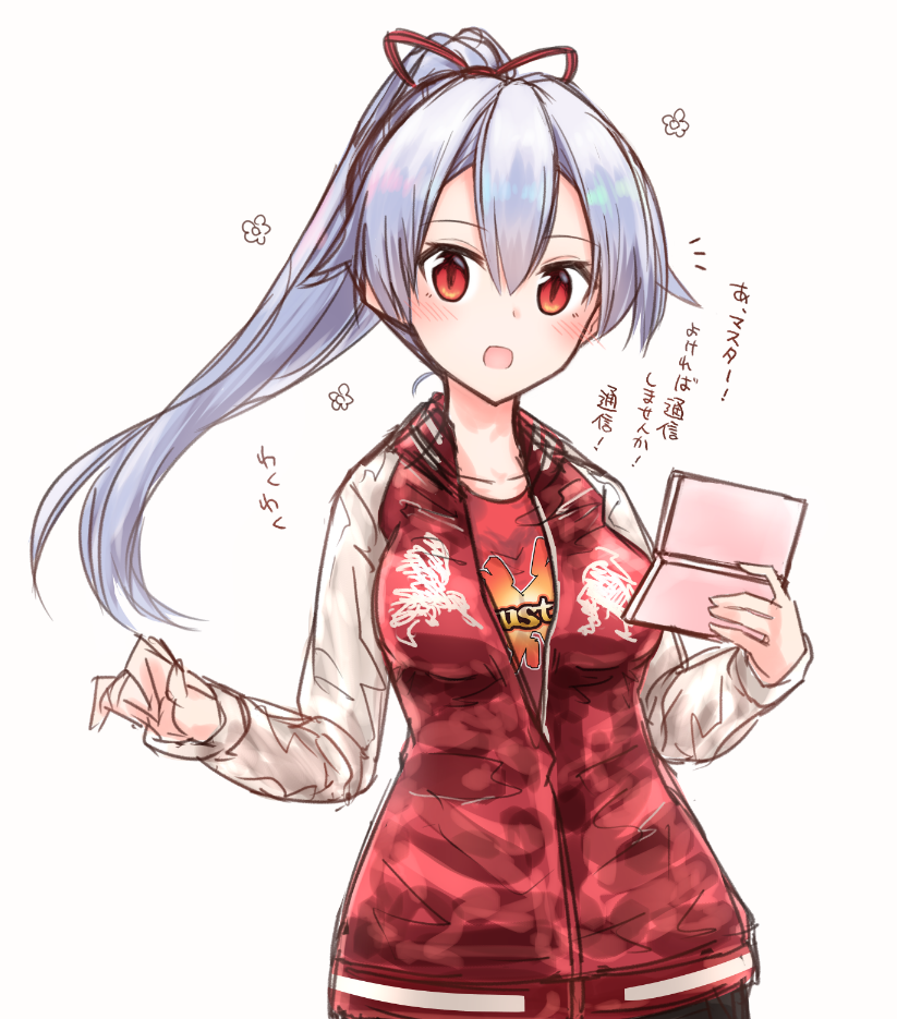 1girl :o blush buster_shirt fate/grand_order fate_(series) hair_ribbon head_tilt jacket long_hair looking_at_viewer o_h_miona ponytail red_eyes ribbon shirt silver_hair solo surprised t-shirt tomoe_gozen_(fate/grand_order) translation_request twitter_username