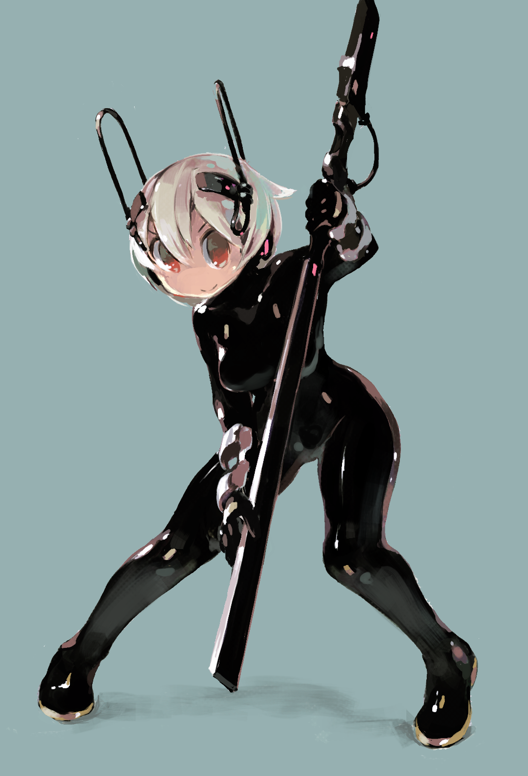 1girl black_bodysuit bodysuit breasts brown_eyes commentary_request full_body hair_between_eyes headgear highres holding holding_sword holding_weapon latex leaning_forward legs_apart looking_at_viewer medium_breasts no_nose no_pupils original sakamoto_ahiru shiny shiny_clothes short_hair simple_background skin_tight smile solo standing sword vambraces weapon white_hair