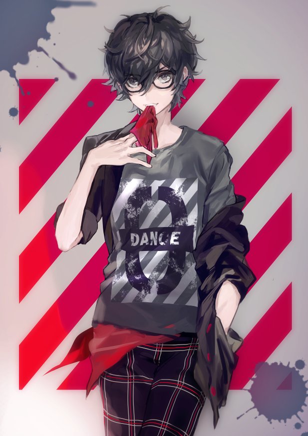 0zep0 1boy alternate_costume amamiya_ren black_hair elbow_gloves glasses gloves headphones looking_at_viewer male_focus persona persona_5 persona_5:_dancing_star_night persona_dancing short_hair smile solo