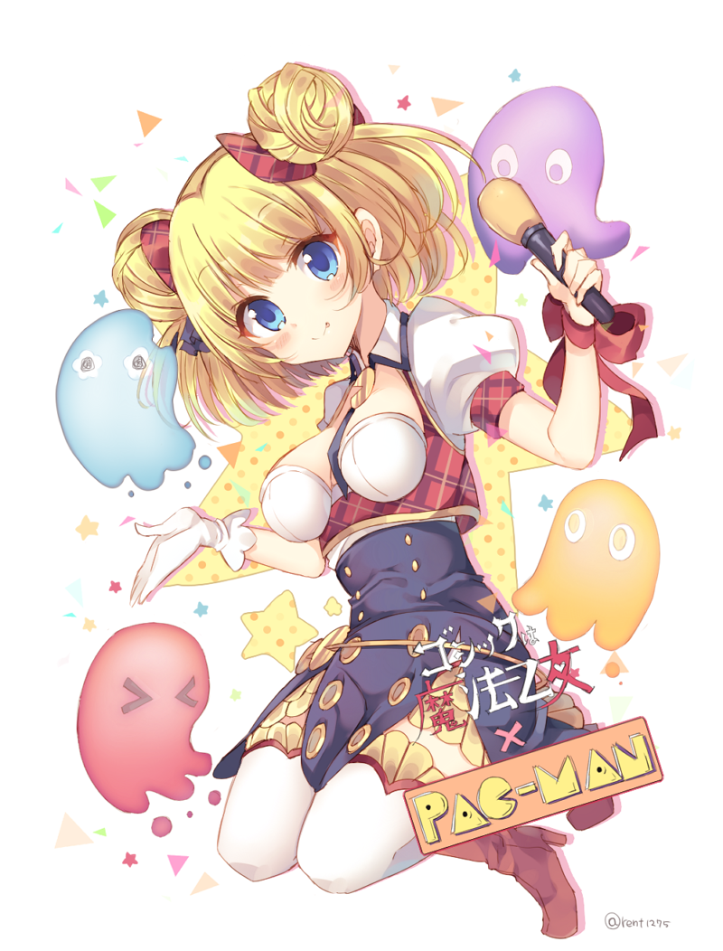 &gt;_&lt; 1girl :p akabei aosuke blonde_hair blue_eyes boots bow double_bun gloves gothic_wa_mahou_otome guzuta hair_bow holding holding_microphone looking_at_viewer microphone pac-man pinky red_bow red_footwear red_ribbon rento_(rukeai) ribbon short_hair single_glove smile solo star starry_background title tongue tongue_out white_gloves white_legwear