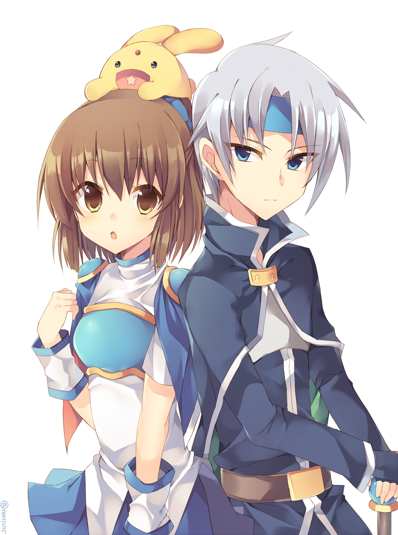 1boy 1girl :o arle_nadja armor armored_dress blue_skirt brown_eyes brown_hair cane cape carbuncle_(puyopuyo) hair_ribbon headband long_sleeves looking_at_viewer madou_monogatari ponytail puyopuyo rento_(rukeai) ribbon schezo_wegey short_hair short_sleeves skirt tareme tsurime