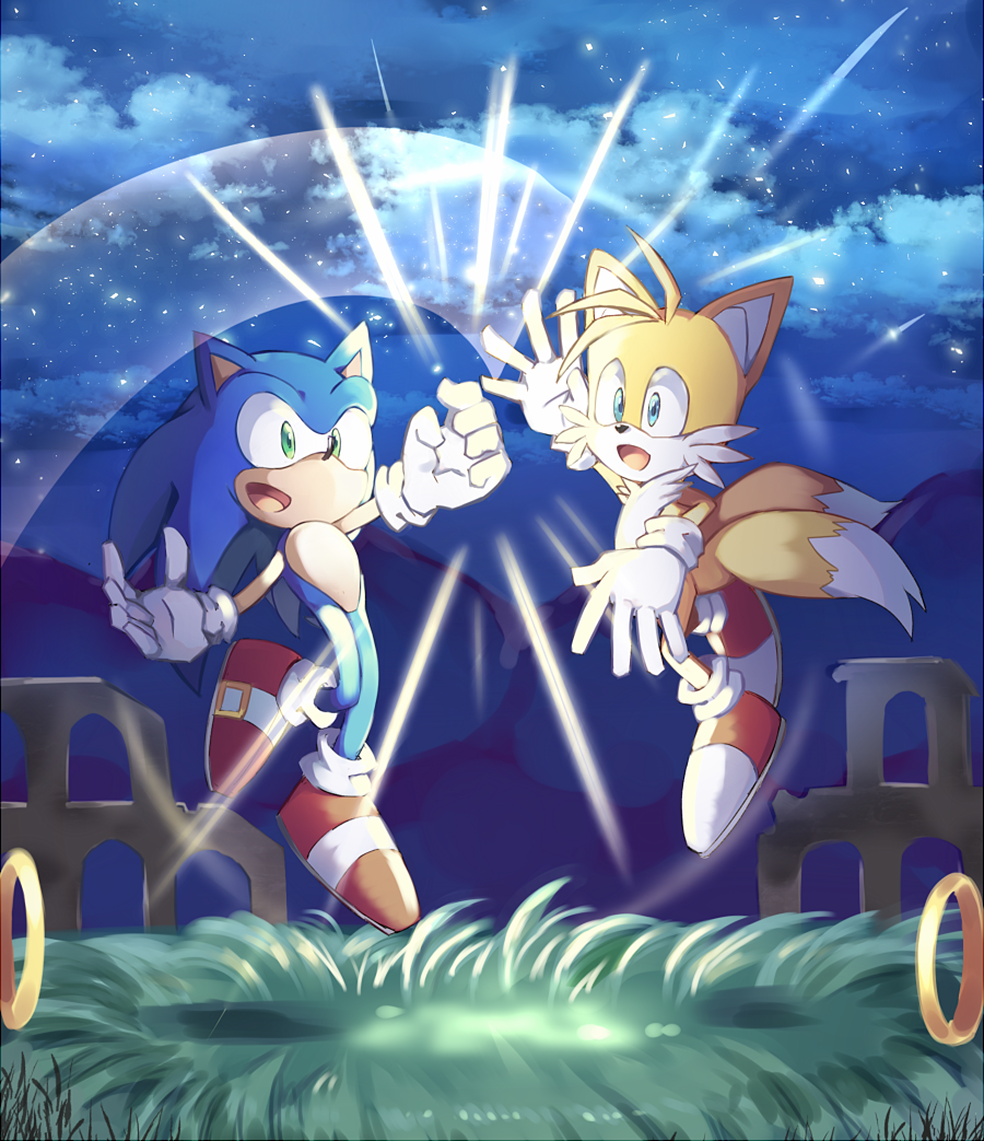 2boys blue_eyes fox gloves green_eyes hedgehog jewelry jumping light_particles light_rays motion_lines multiple_boys multiple_tails night night_sky red_footwear rento_(rukeai) ring sideways_mouth sky smile sonic sonic_the_hedgehog tail tails_(sonic) white_gloves