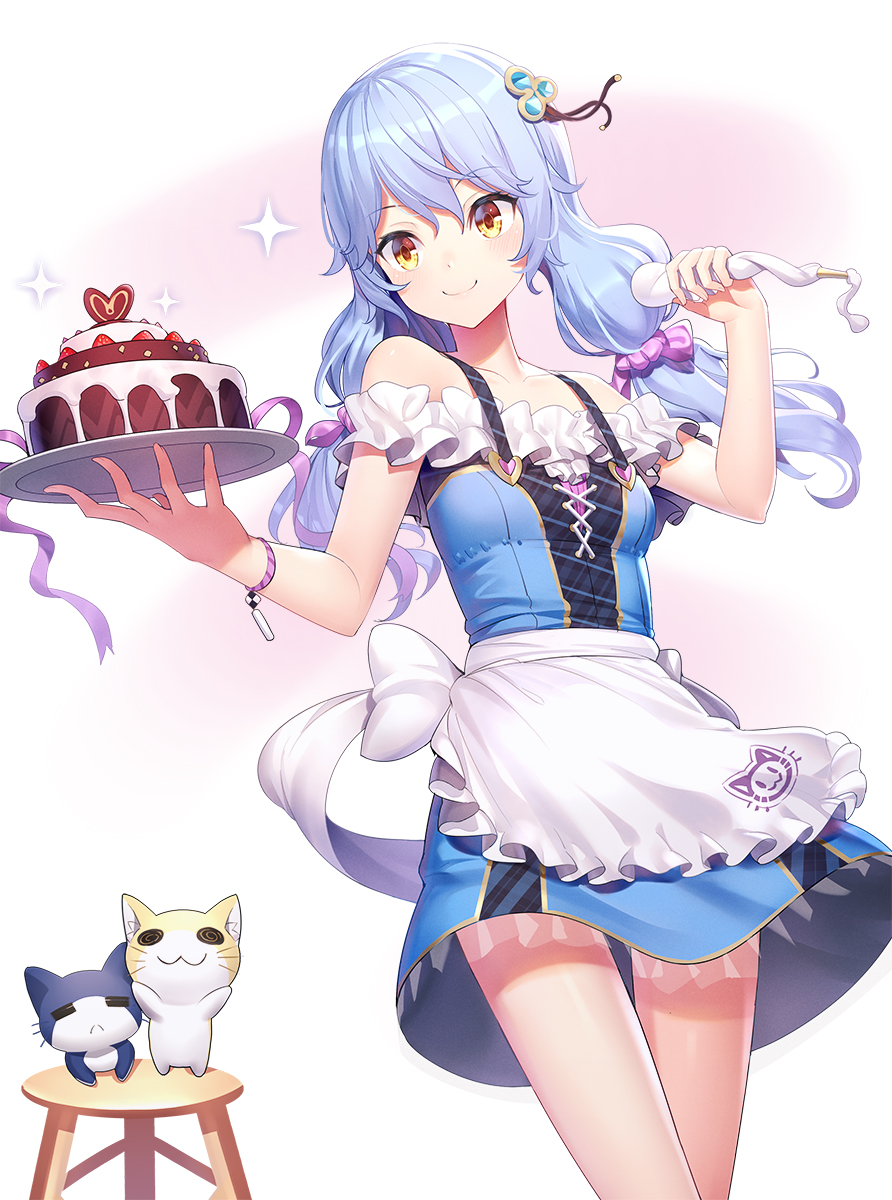 1girl animal apron bangs bare_shoulders blue_dress bow breasts brown_eyes cake cat chocolate_cake closed_mouth collarbone commentary_request dress eyebrows_visible_through_hair food frilled_apron frills fruit hair_between_eyes hair_bow hair_ornament heart highres holding holding_plate long_hair looking_at_viewer low_twintails off-shoulder_dress off_shoulder original pastry plate purple_bow ririko_(zhuoyandesailaer) small_breasts solo sparkle stool strawberry twintails waist_apron white_apron white_background white_bow